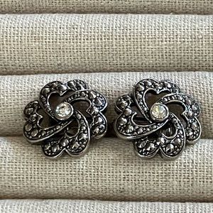 1980’s Edwardian style whirlwind clip-on earrings silver-tone,rhinestone 1”